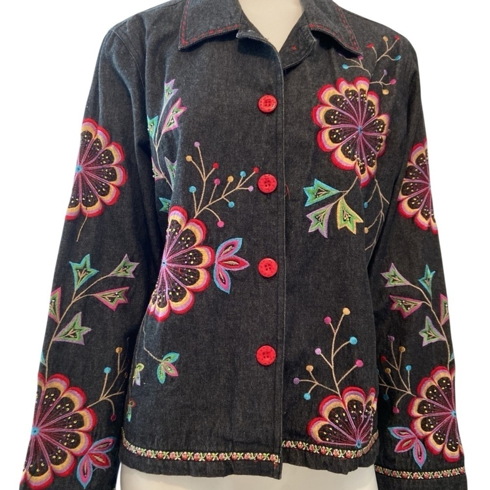 Units Womenβs Sz 1X Embroidered Beaded Black Denim Floral Jacket Art To Wear